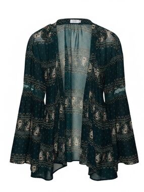 Tobi Paisley Dark Green Sheer Chiffon Peak Puff Sleeve Kimono